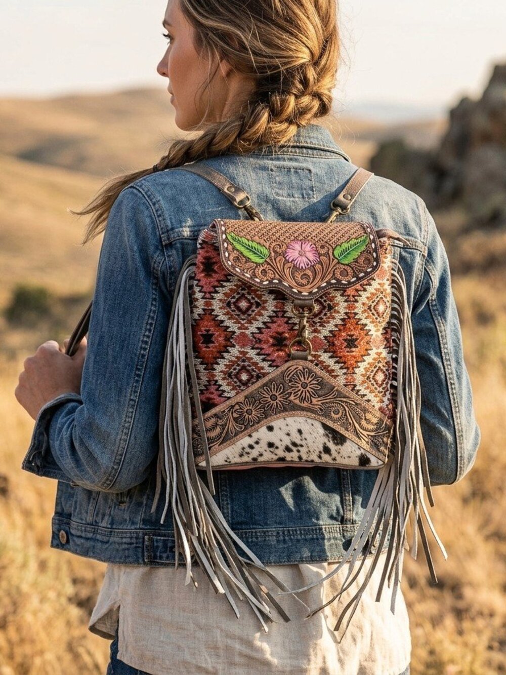 Boho Fringe Upcycled tooled backpack